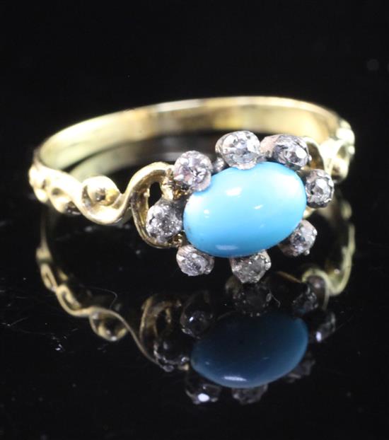 A late Victorian gold, turquoise and old cut diamond set cluster ring, size L.